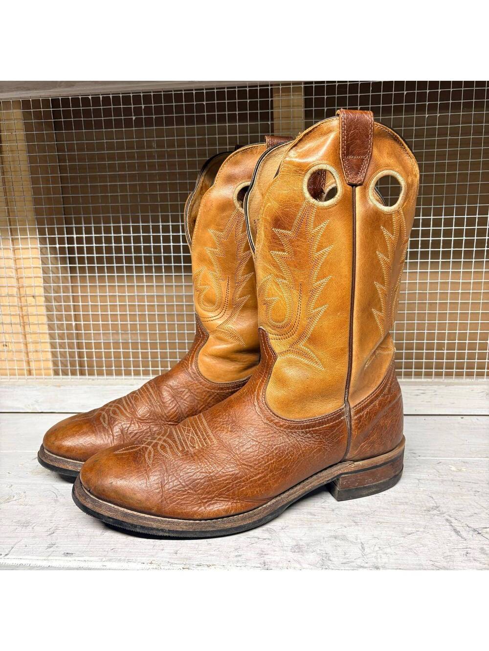 Boulet  Two-Tone Brown Leather Cowboy Boots Men's Size 10 3E (Extra Wide)